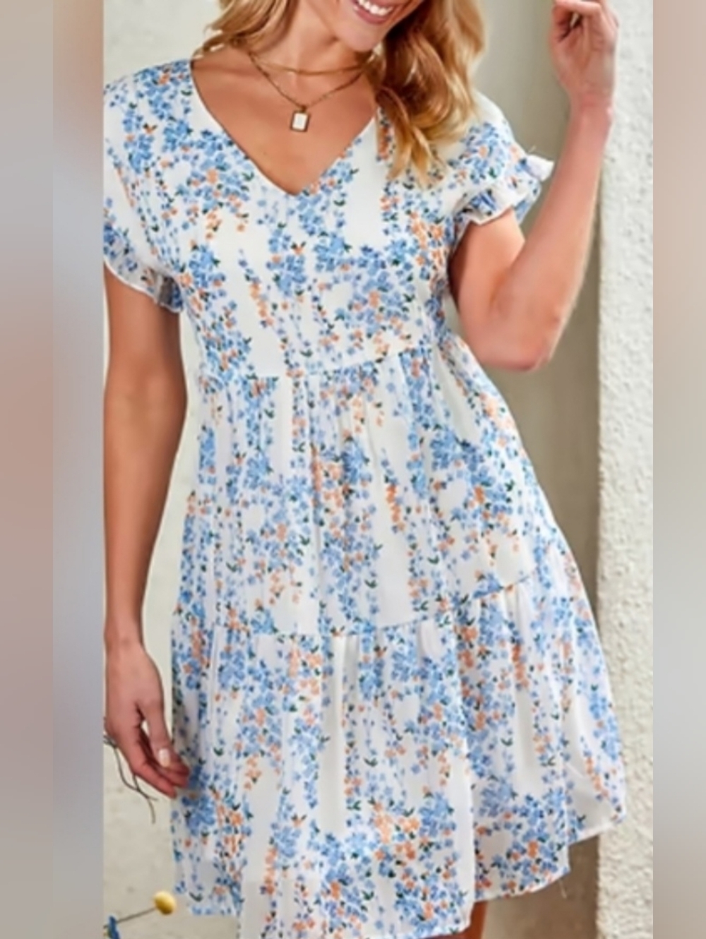Floral V-Neck Tiered Summer Dress in Blue and Cream